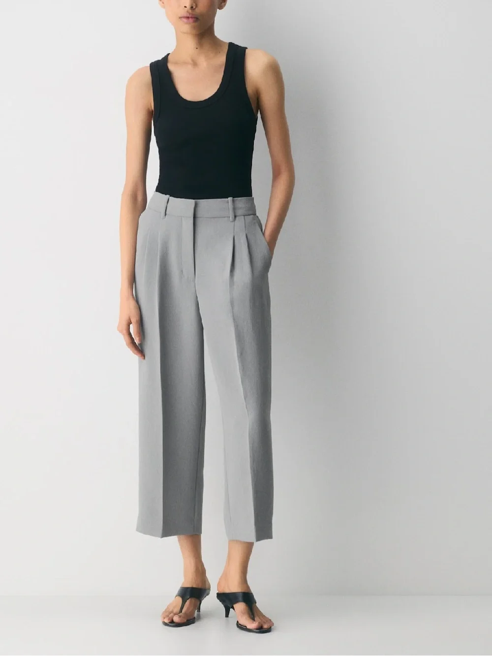 Babaton Aritzia Cropped Wide-Leg Pleated Pants in Light Gray Size 6 25” inseam - Picture 1 of 10
